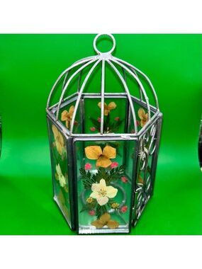 Vintage Glass Pressed Flowers Bird Cage Votive Candle Holder